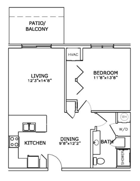 Floor plan for 1 bed, 1 bath, 695 sqft